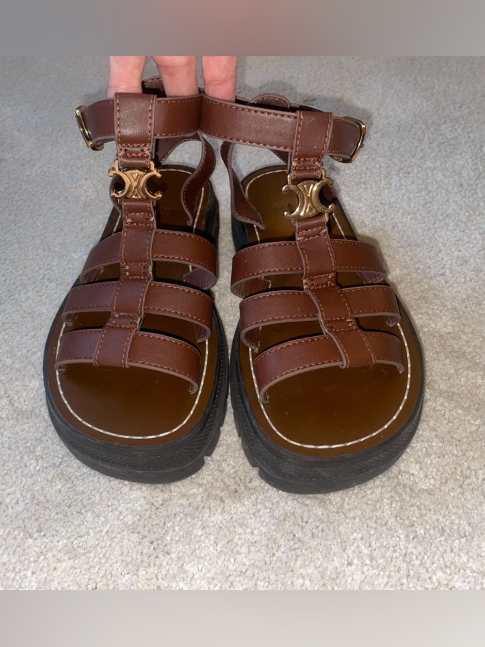 Celine Brown Leather Platform Fisherman Sandals with Gold Hardware - Picture 8 of 9